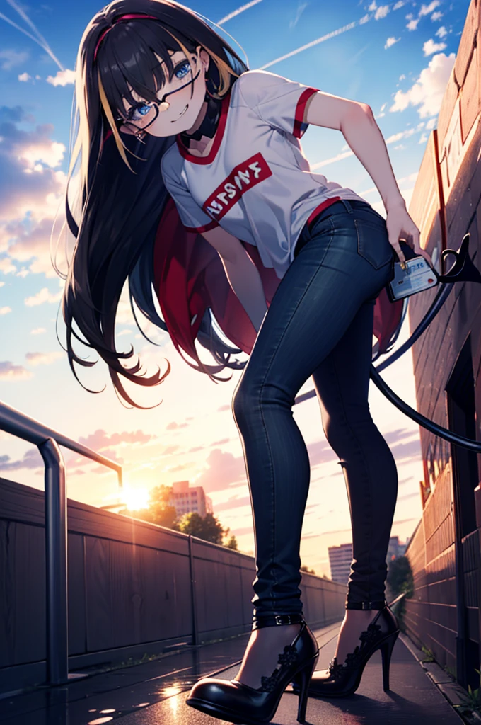 small, small, Black Hair, blue eyes, demon tail, hair band, Long Hair, mechanical tail, Multicolored Hair, tail, smile,Grin,tooth,Black-rimmed glasses,Cold shoulder tops,Short sleeve,Skinny jeans,Stiletto heels,morning,morning陽,The sun is rising,Walking,whole bodyがイラストに入るように,
break looking at viewer, whole body,
break outdoors,Building district,
break (masterpiece:1.2), Highest quality, High resolution, unity 8k wallpaper, (figure:0.8), (beautiful detailed eyes:1.6), extremely detailed face, Perfect lighting, extremely detailed CG, (Perfect hands, Perfect Anatomy),