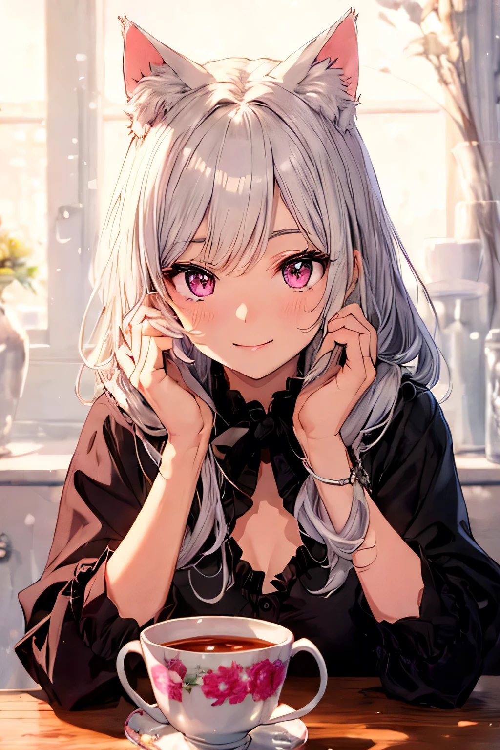 Highly detailed face,fine grain,Highlighted eyes, medium breasts ,pretty girl, smile shyly,Cat ear,Beautiful silver hair,Pink inside,Beautiful pink eyes,shiny skin, beautiful shadow, looking the viewer, cup A’s cheeks in A’s hands
