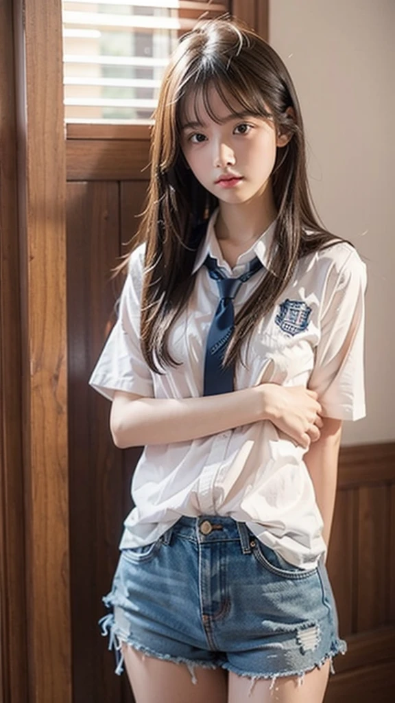 This is the high school girls&#39; locker room.、１A girl is getting changed、There are no lights on so it&#39;s dark、Completely nakedの女性、Completely naked、I can see her boobs, navel, pussy, clitoris and labia majora.、Short, fluffy, dark brown lob hairstyle、Small breasts、R-18 illustration、She is blushing with embarrassment、The bra that was taken off is lying on the ground