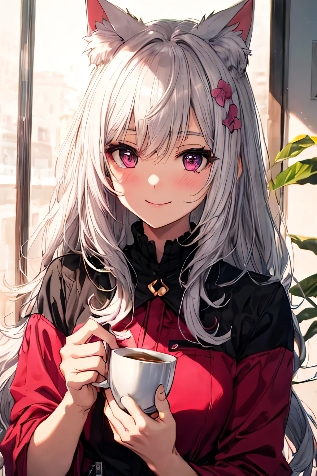 Highly detailed face,fine grain,Highlighted eyes, medium breasts ,pretty girl, smile shyly,Cat ear,Beautiful silver hair,Pink inside,Beautiful pink eyes,shiny skin, beautiful shadow, looking the viewer, cup A’s cheeks in A’s hands
