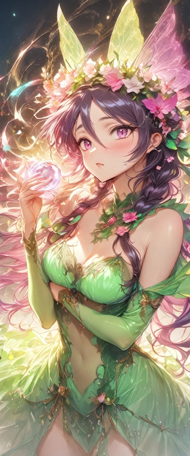 ((masterpiece)), ((best quality)), ((high resolution)), ((Extremely detailed CG unified 8k wallpaper)), ((on a magic stone in a mysterious planet : 1.3)), ((Alien woman cartoon character,peau verte,oreilles d'elfe pointues, antenne verte pointe rose fluo,dark purple hair and fuchsia streak and neon pink streak, smooth and attached,yeux noire reflet jaune,marque en forme de triangle sous les yeux rose fushia,peau nue : 1.2)), wearing a white sleeveless turtleneck top too ,un mini short blanc avec des pochettes accroché a sa ceinture blanche,longue botte blanche ((incline la tête, Vue de face :1.2))