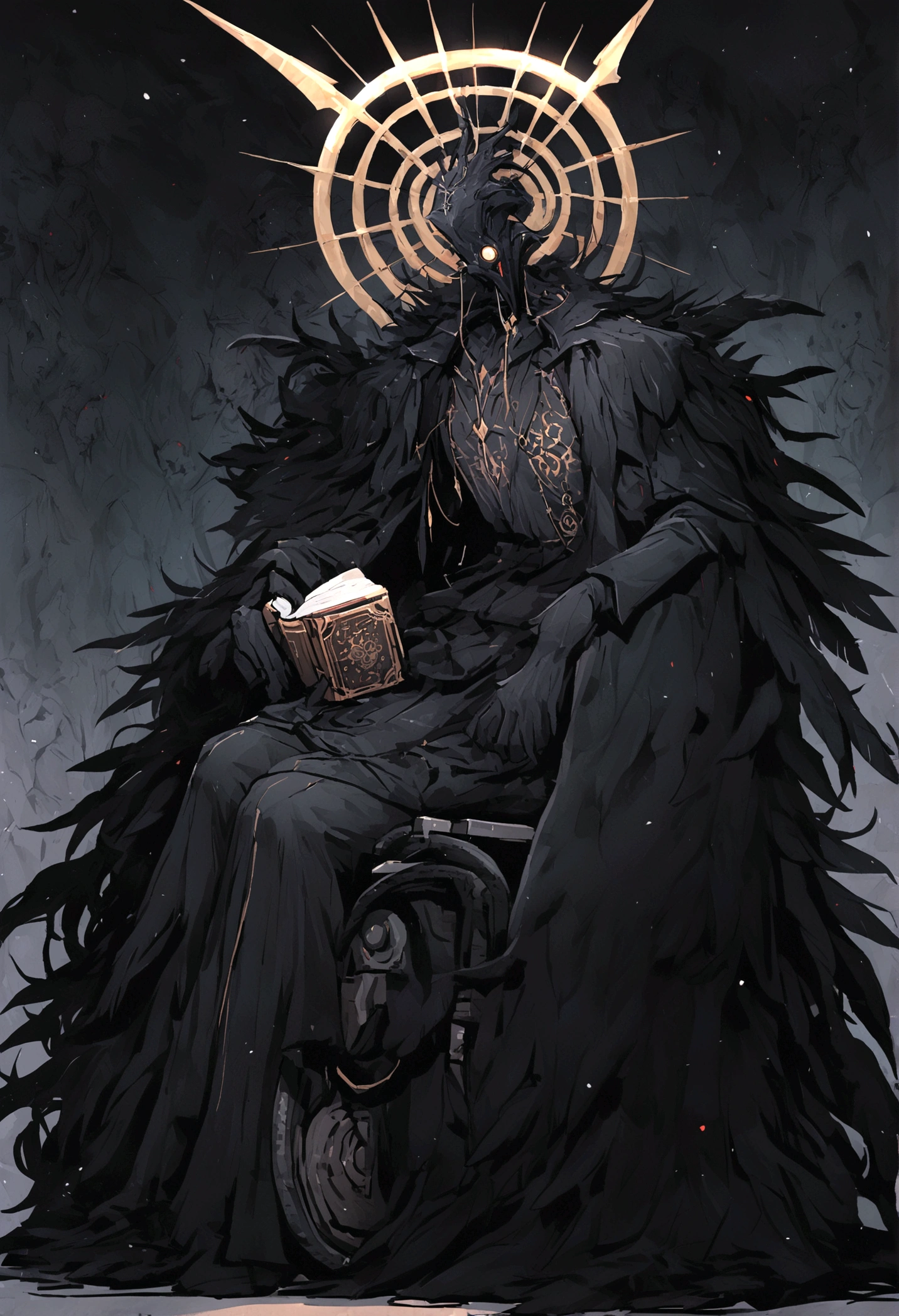 Obra de arte:1.2, melhor qualidade, ultra detalhado, macho, focado, rosto humano, rosto masculino, rosto de homem, chifres negros, celestial demon wizard, Jovem, serious, frio, horns on her head and a shining golden halo behind her symbolizing her celestial and demonic duality, two large black wings that combine bright plumes with a dark and threatening appearance, cabelo negro, estilo de kentaro miura, fantasia, SCI-FI, fundo claro, a painting of a man in a black robe sitting in a wheelchair, holding an open ancient magical book, Vista-o com vestes escuras e majestosas com detalhes dourados, cabelo negro, cabelos escuros, anjo demoniaco, plumas negras, asas negras grandes, sozinho, inspired por Edmundo Blampied, inspired por Nicola Samori, inspirado em Pietro Longhi, por Nicola Samori, por Edmundo Blampied, Direction: Stephen Gammell, Estilo Stephen Gammell, figura sinistra ao fundo, Direction: Leonaert Bramer, Direction: Johann Kaspar Füssli .