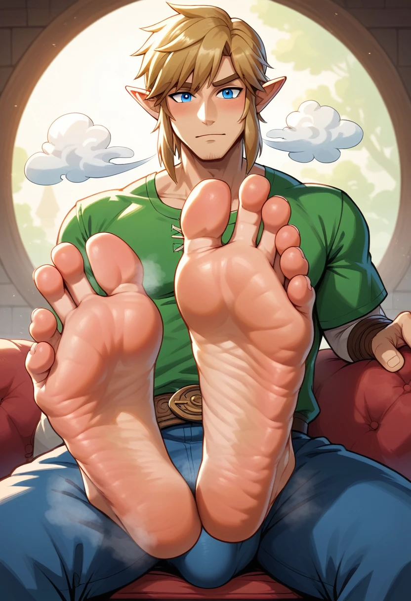 Link from Zelda games, detailed feet, foot fetish, soles, toes, beautiful face, wrinkled soles, male feet, stinky feet, stink steam, blond hairs , beautiful blue eyes, big penis shape under clothes, sexy male character . Masterpiece, 4k, ultra detailed soles, ultra detailed face, beautiful hair, two feet, fives toes. plains background. UHD