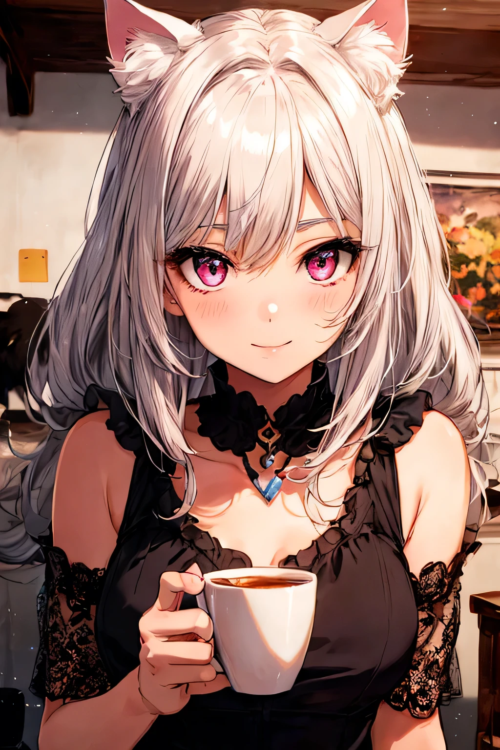 Highly detailed face,fine grain,Highlighted eyes, medium breasts ,pretty girl, smile shyly,Cat ear,Beautiful silver hair,Pink inside,Beautiful pink eyes,shiny skin, beautiful shadow, looking the viewer, cup A’s cheeks in A’s hands
