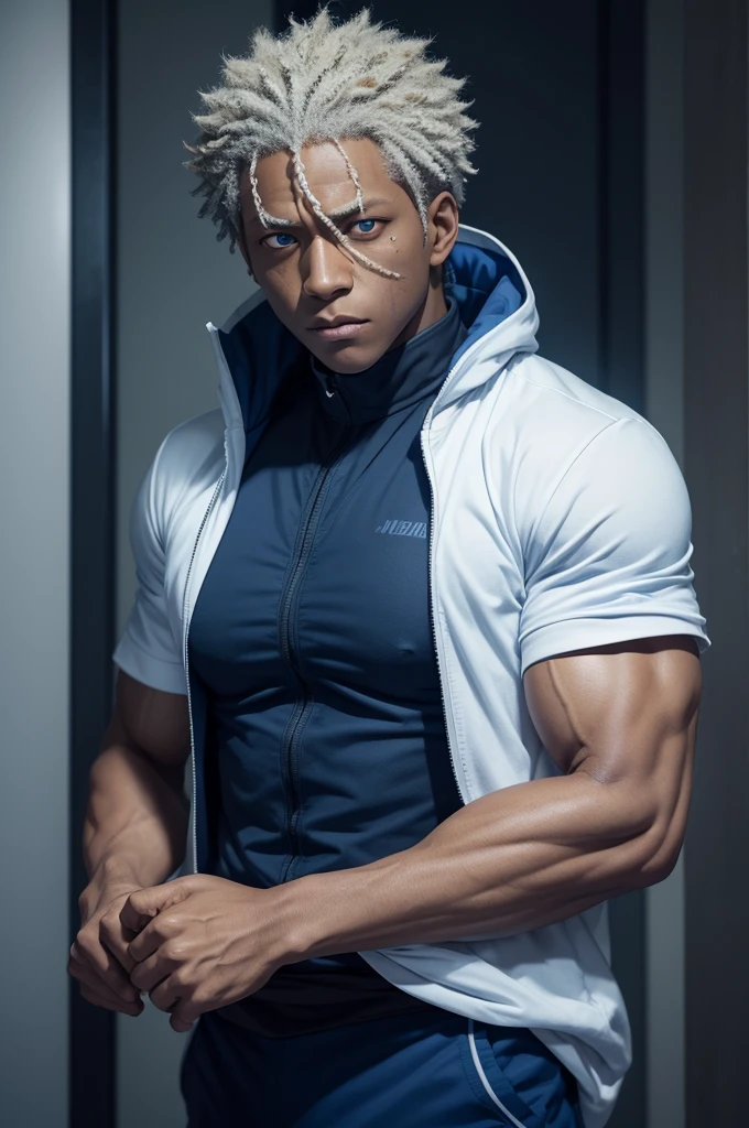 jujutsu kaisen character animated by mappa studio, a dark-skinned character, with curly hair, blue eyes like Satoru gojo, muscular and a blue jujutsu uniform