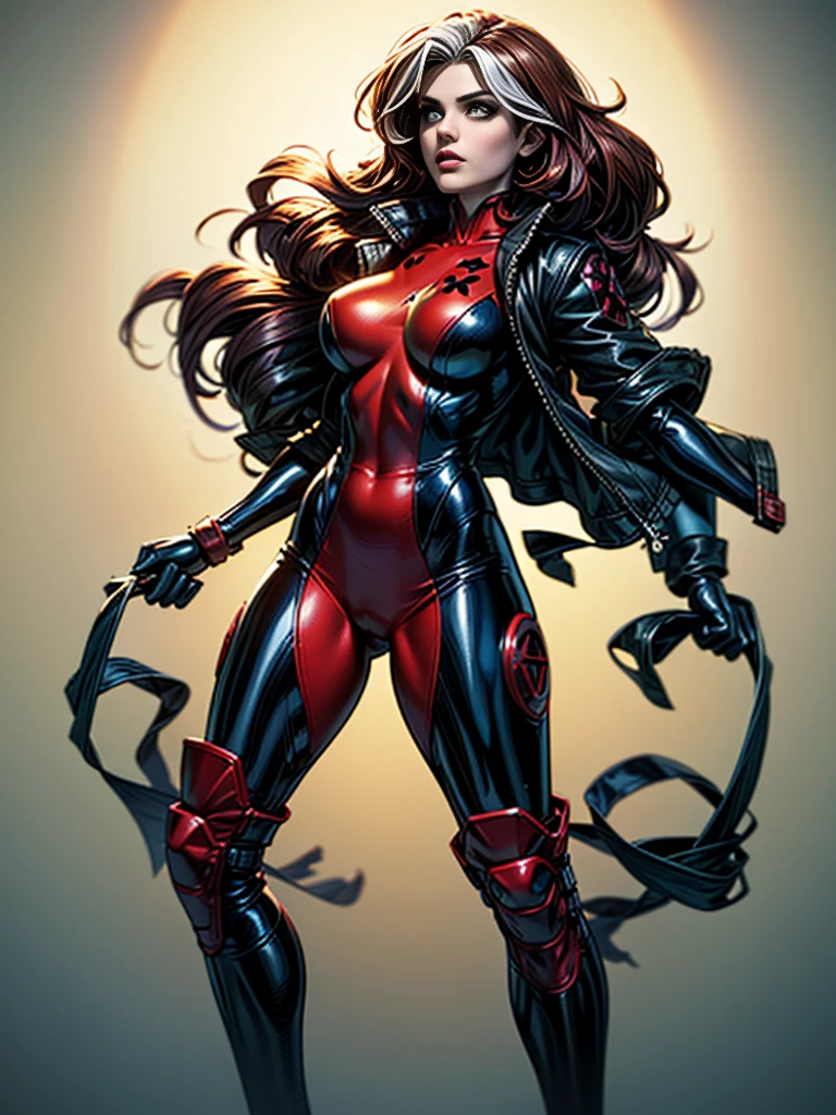 Emily Bett Rickards、masterpiece、High quality 4K、villain (X-Men)、Gothic Girl、Sculpted Body Gothic Makeup、Black jacket、Red and blue bodysuit、masterpiece、Highest quality、Cowboy Shots、One personの女の子、One person、Technology Military Bodysuit、fringe