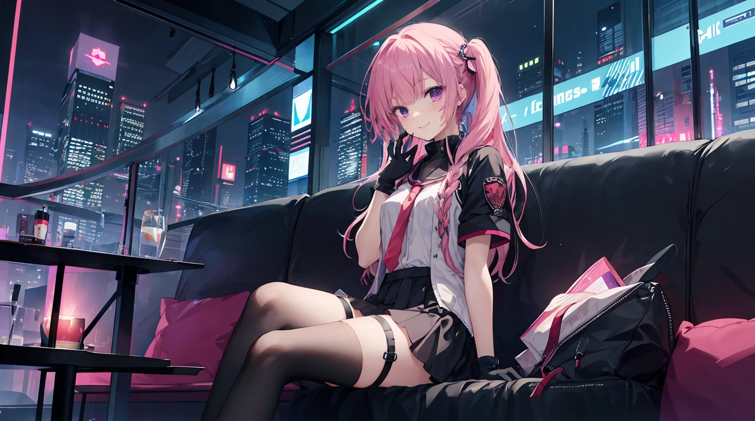 a girl,solo,Long pink hair,gentle,Smile,Medium-hair long,dishiveredhair,short sleeves,short sleeves game clothes,black skirt,black gloves,cyberpunk characters,night, night city background,Digital punk, anime style 4k, Sitting on the sofa,indoors,In the restaurant,black stockingitsukasa ayase、character-centered