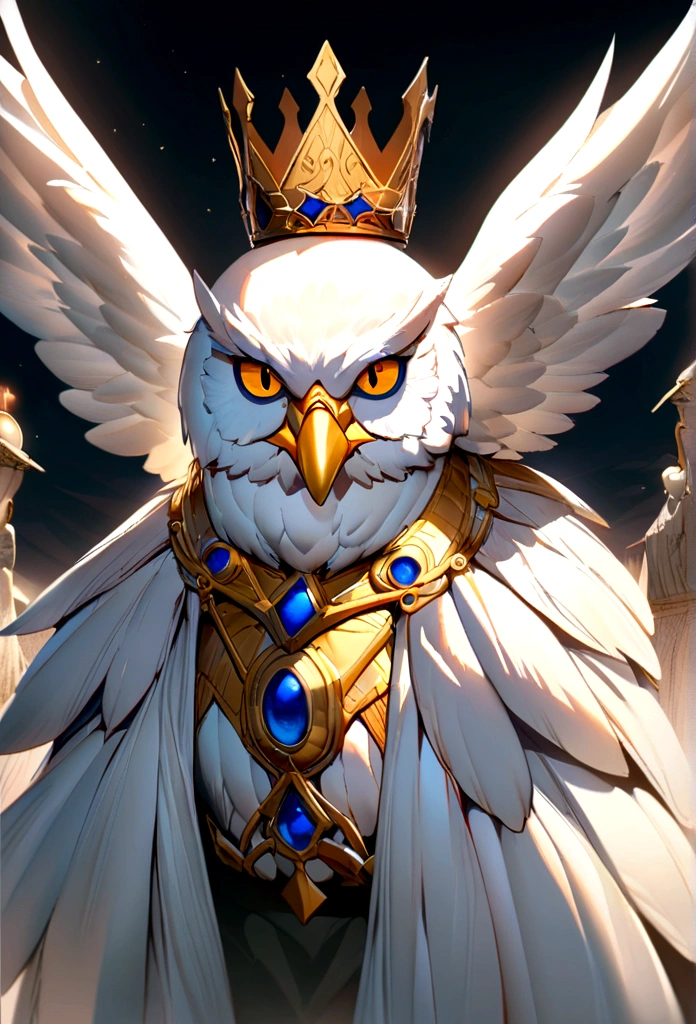 (close of a pure white owl standing on a human shoulder),(Pure White Owl:1.37),Pure White Owl,Pure White Owl,(アテナのstanding on shoulder),(standing on shoulder:1.37) The owl's face is round, (Big Blue Eyes:0.8), Very big eyes, short, Curved beak, short, Dense pure white feathers, Thick nails, White, It is a unique and beautiful creature,The wonders and wisdom of nature on display ,Crown dressing, The image of Aegis is characterized by a brilliant golden glow., He had an olive branch on his head, close of a symbol of peace, close, Sony FEGM, Surrealism, Paranormal, Hyper HD, masterpiece, (Ancient Greek mythological stories), Textured skin, Super detailed, Attention to detail, high quality, Awards, Optimal