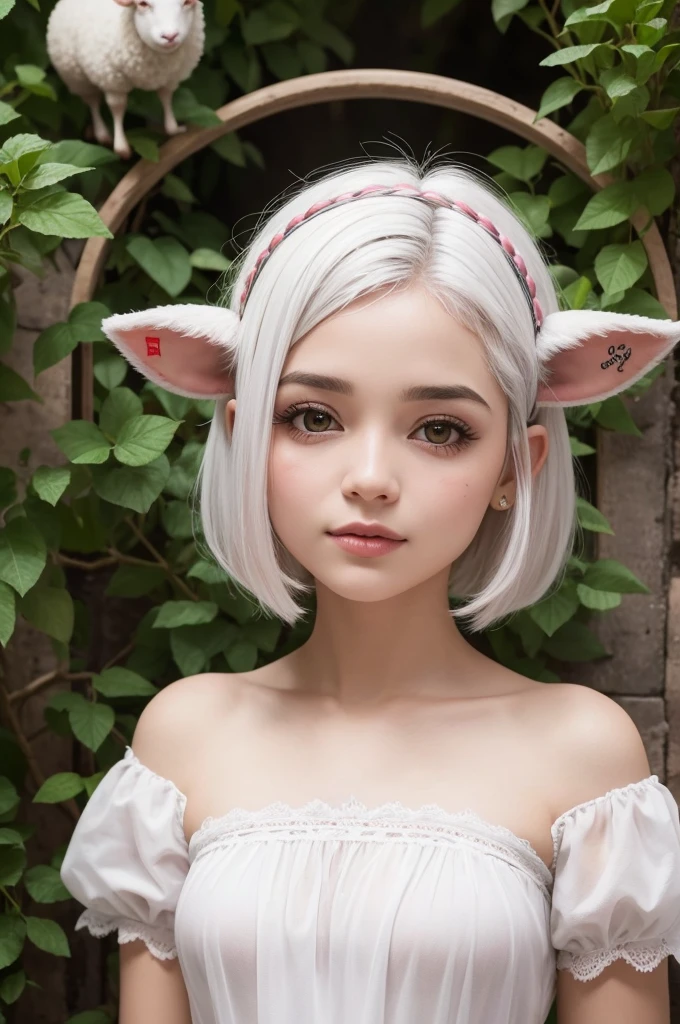 Uma garota baixinha,com pele clara,olhos rosas e fofos,with short white hair and little sheep ears on top of her head