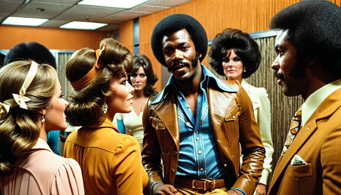 1970s photo of an african-american man wearing 1970s attire, he is telling beautiful women to leave him alone, cinematic action, atmospheric perspective 