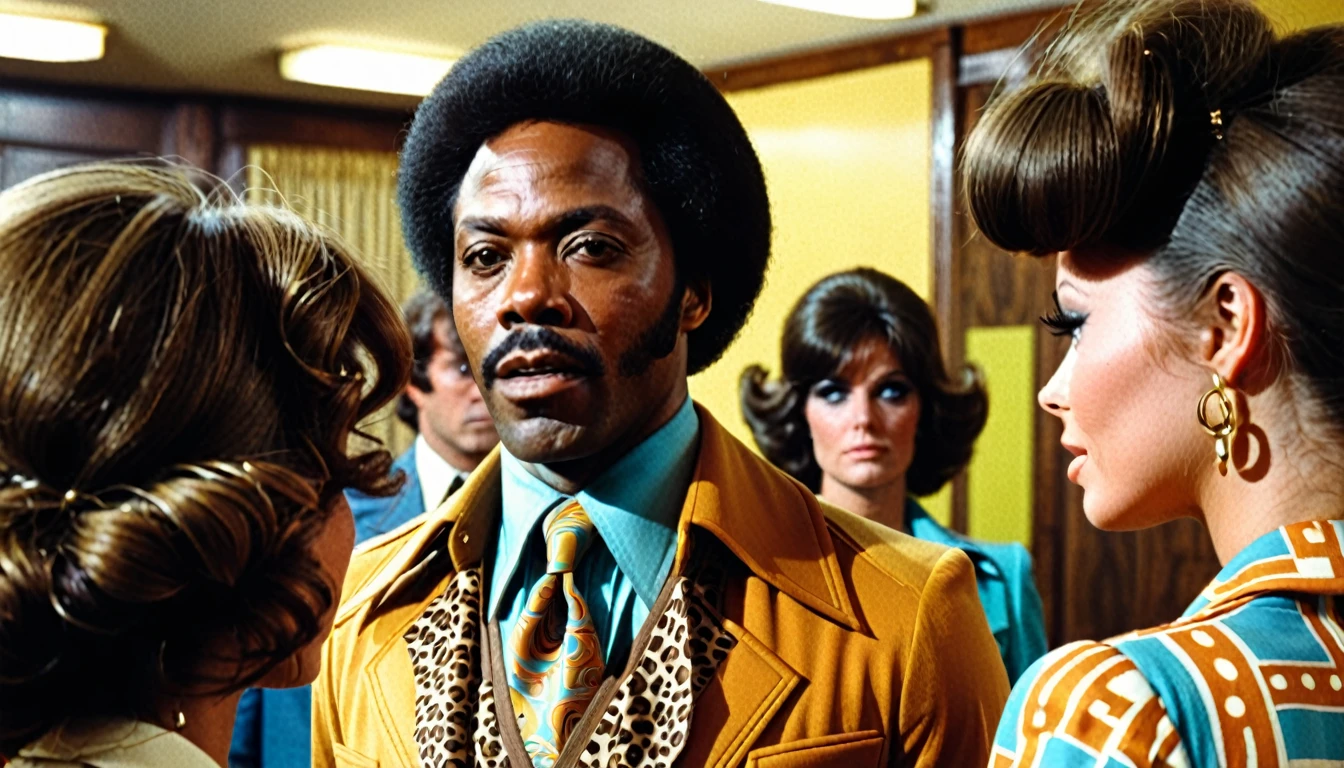 1970s photo of an african-american man wearing 1970s attire, he is telling beautiful women to leave him alone, cinematic action, atmospheric perspective 