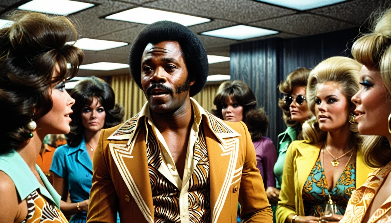 1970s photo of an african-american man wearing 1970s attire, he is telling beautiful women to leave him alone, cinematic action, atmospheric perspective 