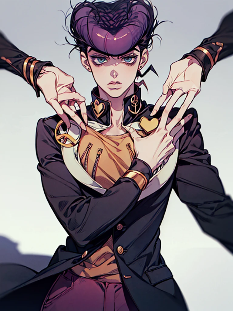 (1 man), only,(Higashikata Josuke - jojo's bizarre adventure),(Josukejojo:1.3), pompadour,(Male Japanese uniform gakuram),( purple color:1.3), black hair, sky blue eyes, yellow shirt with zippers, gold brooch, heart brooch, peace sign brooch, wide pants,High quality image, HD, wallpaper, (good quality: 1.3)(Hard details:1.3),(good shadows:1.4), (good focus:1.2)(Half body:1.3),(Josukejojo:1.5)White background, empty and white background,