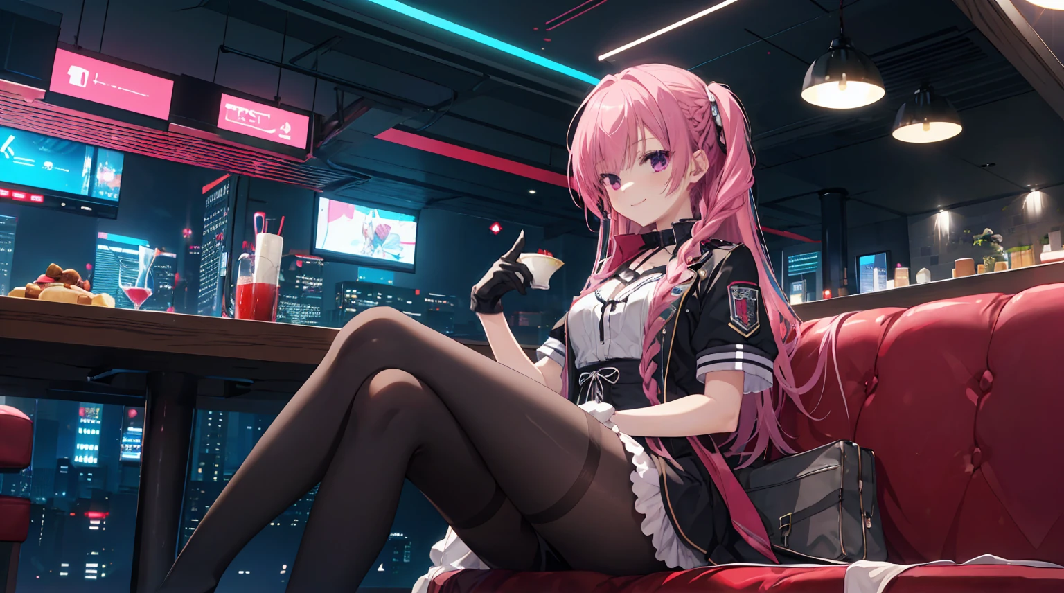 a girl,solo,Long pink hair,gentle,Smile,Medium-hair long,dishiveredhair,short sleeves,short sleeves game clothes,black skirt,black gloves,cyberpunk characters,night, night city background,Digital punk, anime style 4k, Sitting on the sofa,indoors,In the restaurant,black stocking,Mitsukasa Ayase、character-centered
