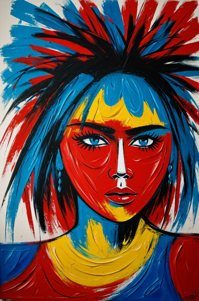 Chica gritando de cabellos rojos tez azul estilo artbrut, expressionism and acrylic painting 