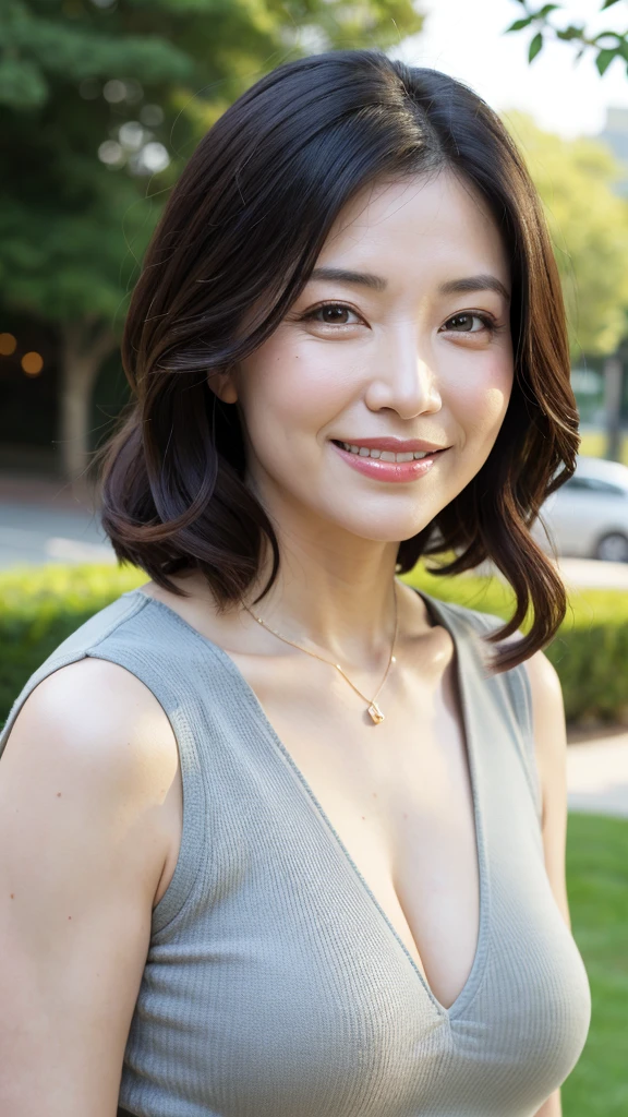 最high quality, In 8K, Masseter muscle area, Lifelike, Sharp focus, high quality, High resolution, Detailed face, Detailed eyes, Thick lips, Background Blur, solo, Middle-aged women, , 55 years old, , Wavy Hair, Cleavage, Wearing a plain short-sleeved knit, Afternoon in front of the park garden, Wrinkles around the eyes, Toothy smile