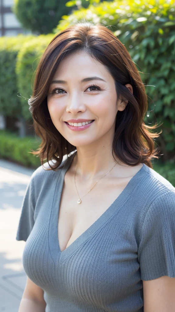 最high quality, In 8K, Masseter muscle area, Lifelike, Sharp focus, high quality, High resolution, Detailed face, Detailed eyes, Thick lips, Background Blur, solo, Middle-aged women, , 55 years old, , Wavy Hair, Cleavage, Wearing a plain short-sleeved knit, Afternoon in front of the park garden, Wrinkles around the eyes, Toothy smile