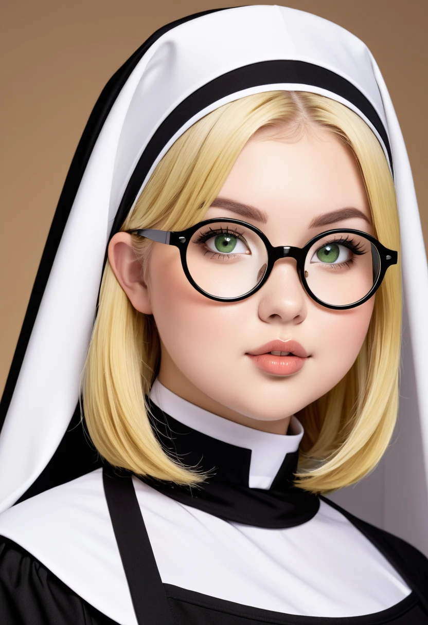 chubby girl, Blonde with green eyes, medium length hair, open forehead, without bangs, round facial features, glasses with black square frames
Костюм монахини, nun costume
