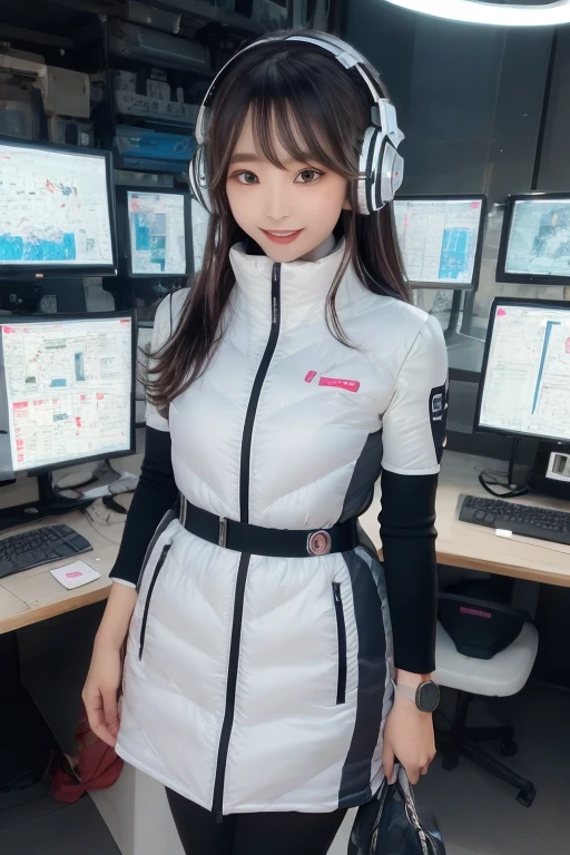 masterpiece, Highest quality, Very detailed, 8K Portrait,Japanese Android Girl,plump , Control panel,Robotic arms and legs, Blunt bangs,,break (Metallic Gray, Metallic luster, Mirror finish, Astro Best):5,headphone:5,break (Black sleeves):100,Smart Watches,Futuristic space station,Control Room,break headphone,blue eyes,(Black Hair):2,(Long Hair):1.3,Displaying the viewer,(respirator),break blush:3,Hidden Hand,smile