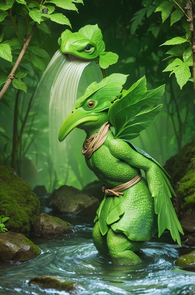 Create an image of a Kappa, a mythical creature from Japanese folklore. The Kappa should have green skin, a small stature, and a turtle-like shell on its back. Its head should have a bowl-like indentation filled with water, and its mouth should resemble a beak. The Kappa is standing by a river, surrounded by lush greenery.
