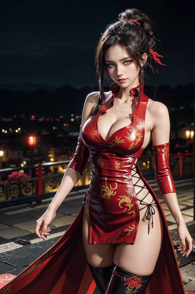 (RAW photo, best quality), Cute girl with short black hair, (ponytail), (city roof at night background), low light , dark eyeliner, happy smile, gorgeous face , super cute, 18 years old , young looking, hyper detailed face, dark eyeliner, (medium breast), (thin waist, super slender), (bare shoulders, (exposed hips), skintight and red PVC qipao china dress with yellow dragon decoration and vivid patterns, deep black leather thigh high boots, red PVC arm sleeves with yellow flower decorations and vivid patterns, cleavage, ((both hands on waist)), one leg in front of the other