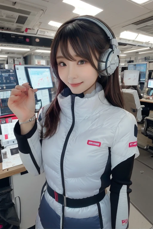 masterpiece, Highest quality, Very detailed, 8K Portrait,Japanese Android Girl,plump , Control panel,Robotic arms and legs, Blunt bangs,,break (Metallic Gray, Metallic luster, Mirror finish, Astro Best):5,headphone:5,break (Black sleeves):100,Smart Watches,Futuristic space station,Control Room,break headphone,blue eyes,(Black Hair):2,(Long Hair):1.3,Displaying the viewer,(respirator),break blush:3,Hidden Hand,smile