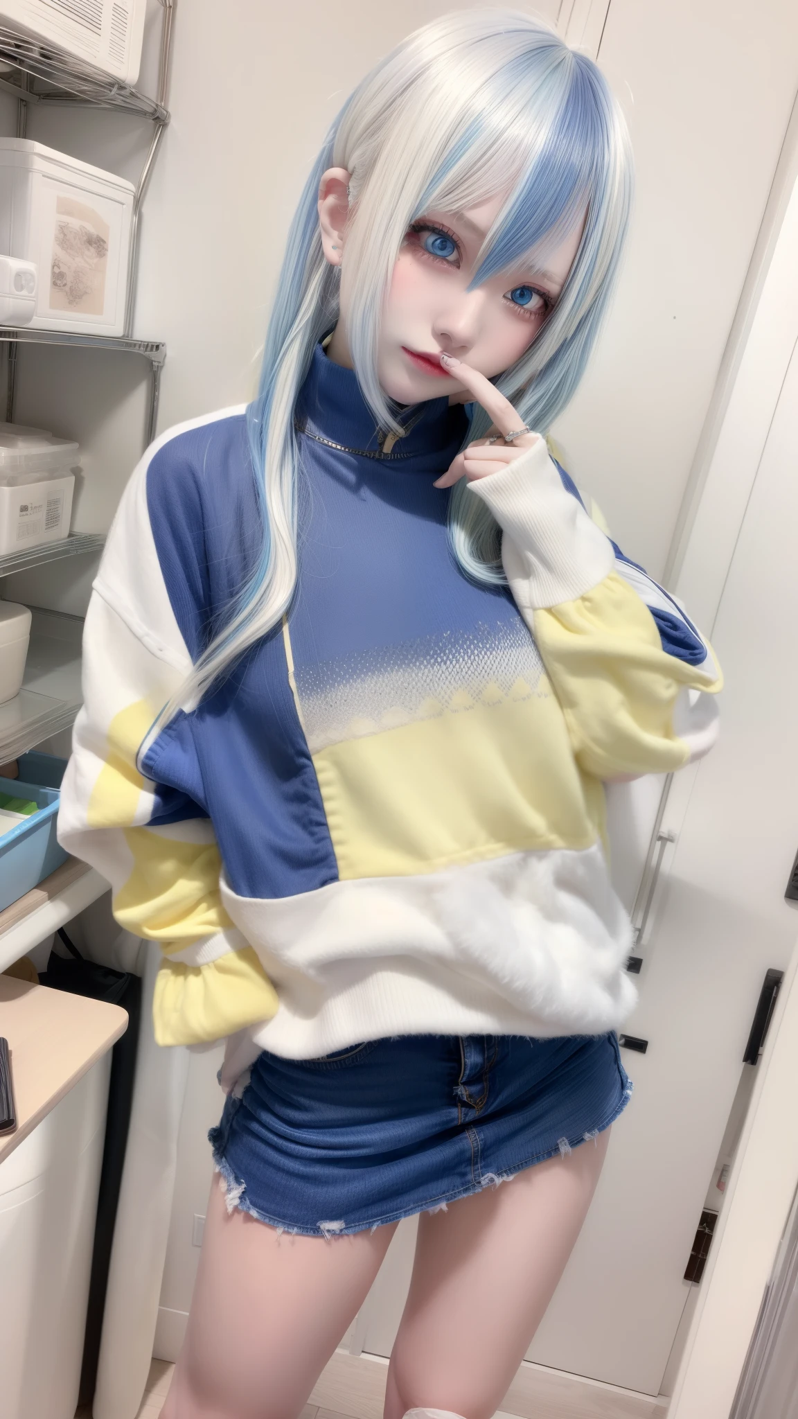 masterpiece, best quality, highly detailed,1girl,indoors, adult, split-color hair, yellow and Blue hair, Narrow, sharp eyes、, clothes, blue eyes、From head to toe、mini skirt、
