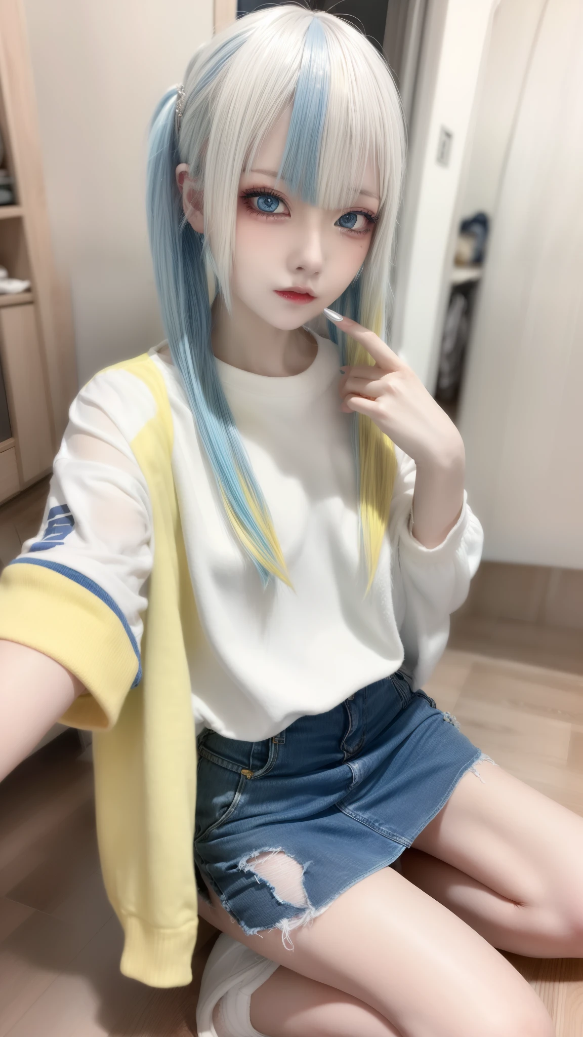 masterpiece, best quality, highly detailed,1girl,indoors, adult, split-color hair, yellow and Blue hair, Narrow, sharp eyes、, clothes, blue eyes、From head to toe、mini skirt、