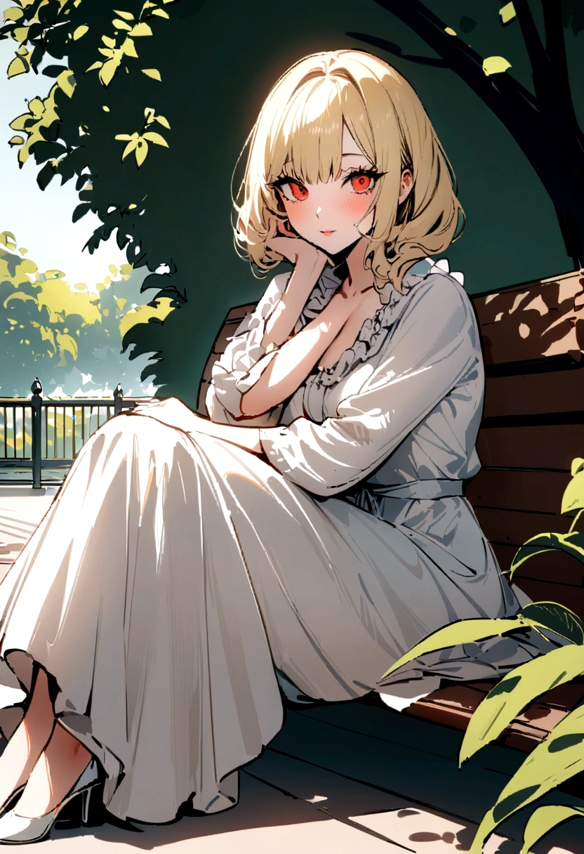 influenceuse blanche réaliste sur instagram, best quality, blond, 1 fille, yeux bleus, dans une robe courte et moulante blanche assise sur un banc dans un parc