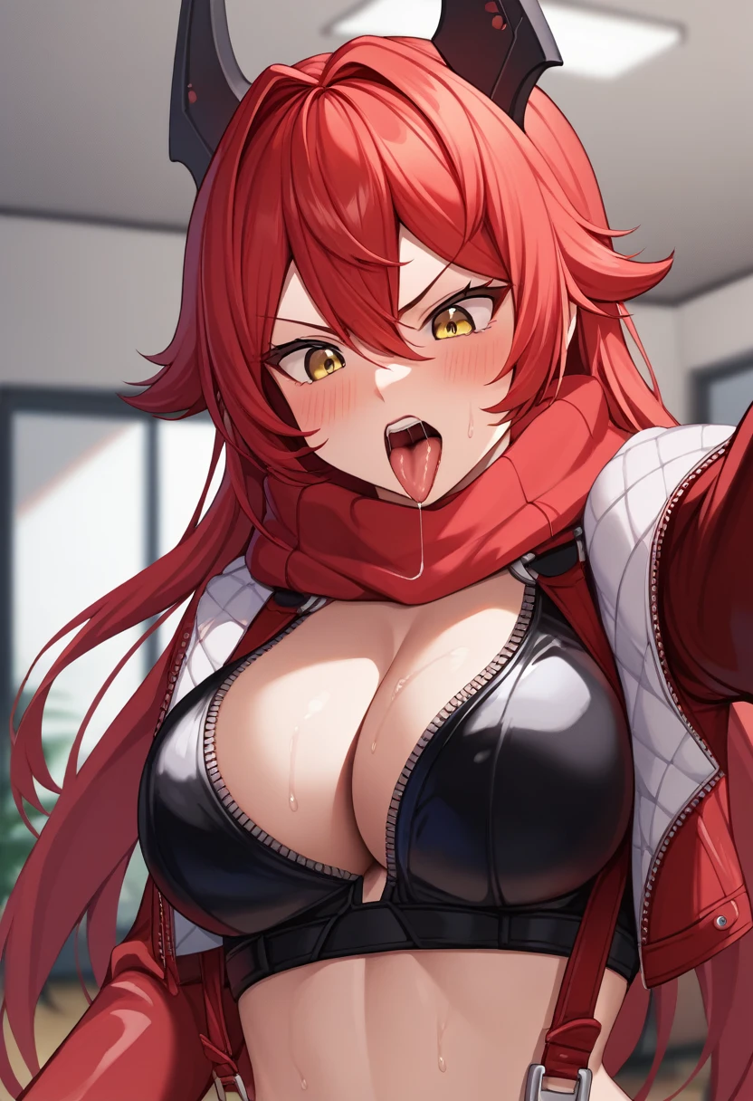 score_9, score_8_up, score_7_up, source_anime, illustration, BREAK 1girl, solo,(close up breasts:1.4),,wet skin,nikkeredhood, red hair, long hair, headgear, yellow eyes, red scarf, crop jacket, red jacket, black shrug \(clothing\), midriff, zipper, cleavage, large breasts, suspenders, fingerless gloves, room, indoors, looking down, blush, open mouth, big mouth, tongue, tongue out, close up, saliva, uvula, uvula, room, mouth focus, excessive saliva, giantess, angry, selfie
