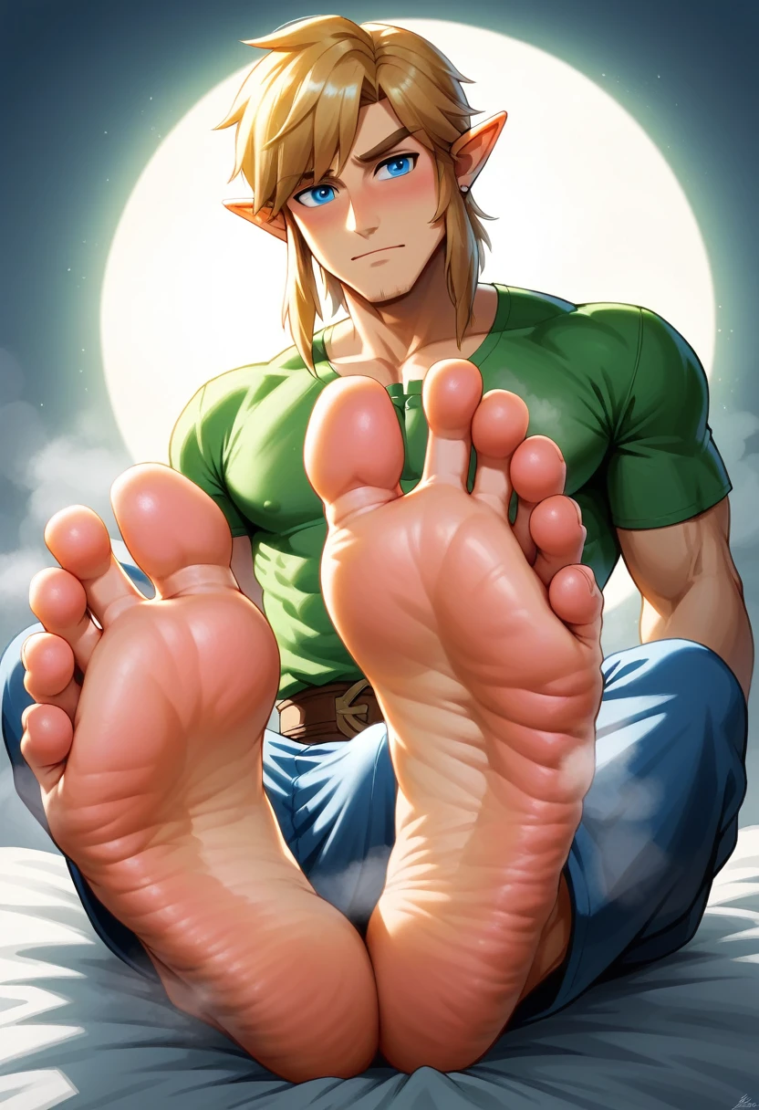 Link from Zelda games, detailed feet, foot fetish, soles, toes, beautiful face, wrinkled soles, male feet, stinky feet, stink steam, blond hairs , beautiful blue eyes, big penis shape under clothes, sexy male character . Masterpiece, 4k, ultra detailed soles, ultra detailed face, beautiful hair, two feet, fives toes. plains background. UHD