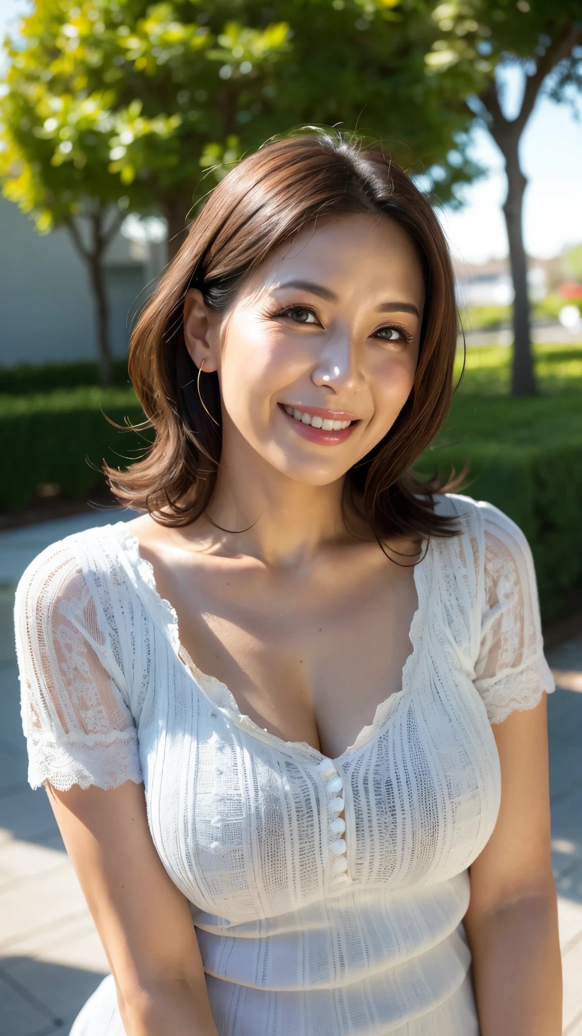 最high quality, In 8K, Masseter muscle area, Lifelike, Sharp focus, high quality, High resolution, Detailed face, Detailed eyes, Thick lips, Background Blur, solo, Middle-aged women, , 55 years old, , Wavy Hair, Cleavage, Wearing a plain short-sleeved knit, Afternoon in front of the park garden, Wrinkles around the eyes, Toothy smile