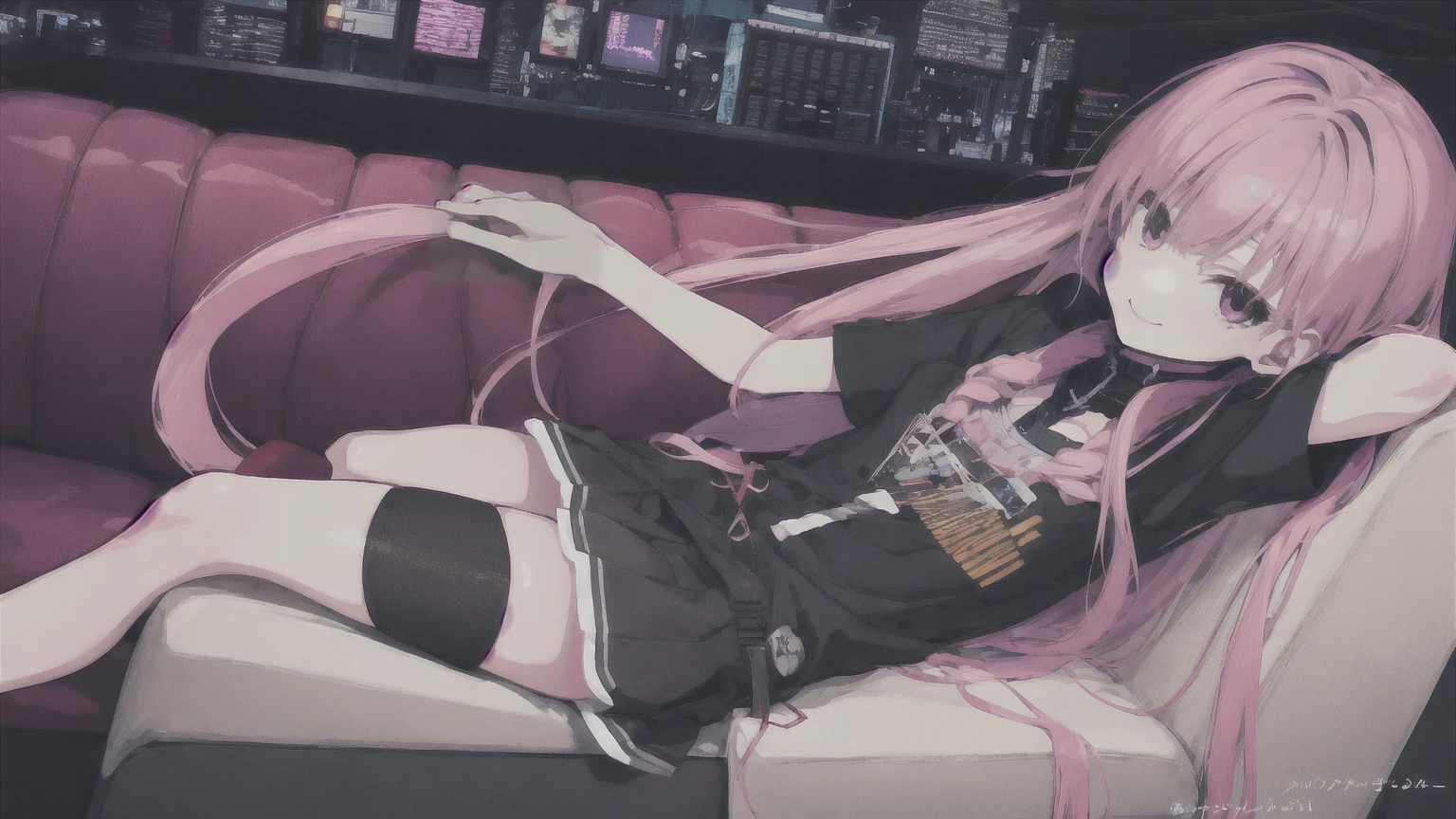 a girl，solo，Long pink hair，gentle，Smile，Medium-hair long，dishiveredhair，short sleeves，short sleeves game clothes，black skirt，black gloves，cyberpunk characters,night, night city background，Digital punk, anime style 4k, Sitting on the sofa，indoors，In the restaurant，black stocking,Mitsukasa Ayase、character-centered