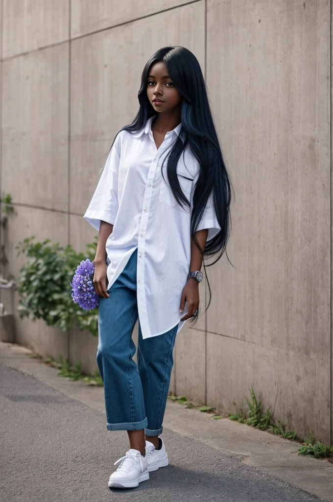 Create a girl with dark skin color wearing an oversized white shirt with loose blue pants and blue sports shoes long black hair that is in a 3-quarter position in her left hand a purple flower and that she is in a jadir full of anime style flowers