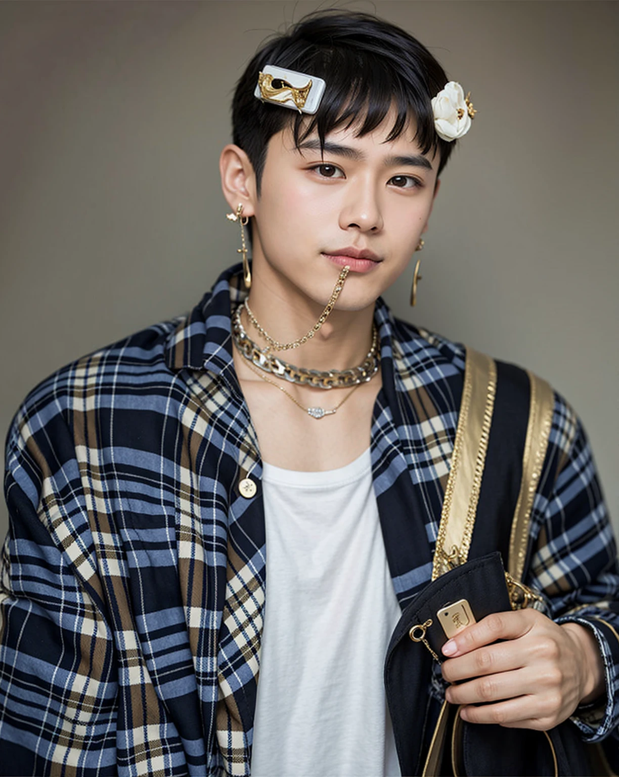 Asian boy, good lighting, smooth hair, glossy skin, blur background, high quality, 8k resolution, hairpin, necklace, earrings, holding bag