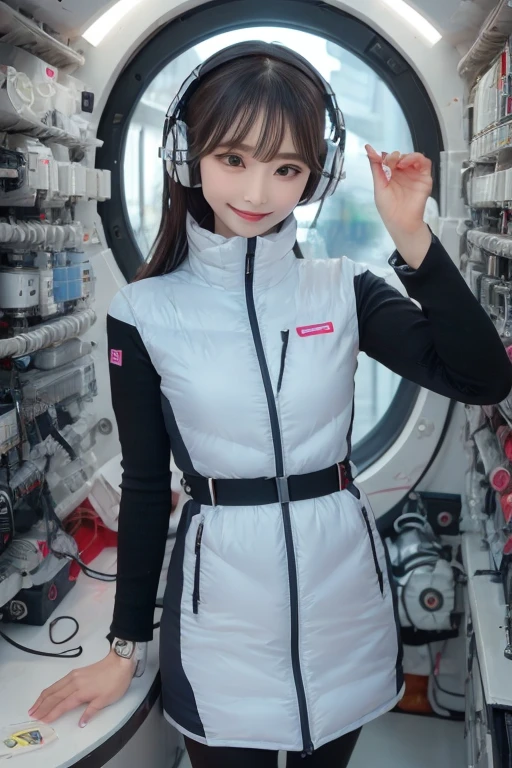 masterpiece, Highest quality, Very detailed, 8K Portrait,Japanese Android Girl,plump , Control panel,Robotic arms and legs, Blunt bangs,,break (Metallic Gray, Metallic luster, Mirror finish, Astro Best):5,headphone:5,break (Black sleeves):100,Smart Watches,Futuristic space station,Control Room,break headphone,blue eyes,(Black Hair):2,(Long Hair):1.3,Displaying the viewer,(respirator),break blush:3,Hidden Hand,smile