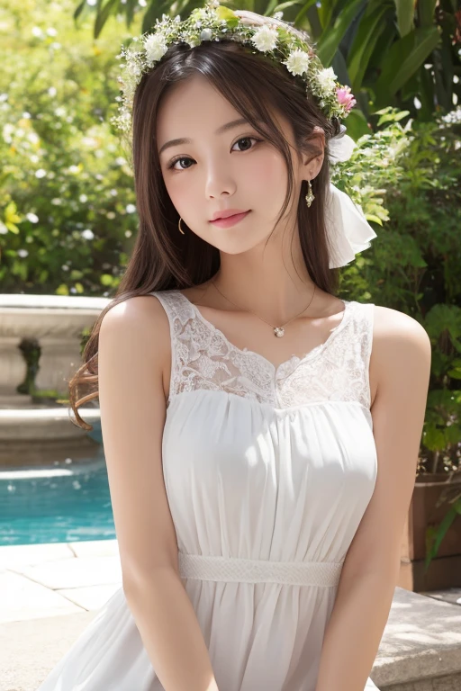 ((Highest quality)), ((masterpiece)), (detailed), One girl, White sleeveless、I'm not wearing underwear、The skirt is flipped up、transformation、Slut、cute、Baby Face、Round eyes、A wide-open smile with the corners of the mouth turned up、Spread your legs wide、(Exposing genitals)、sit、Straight Hair、