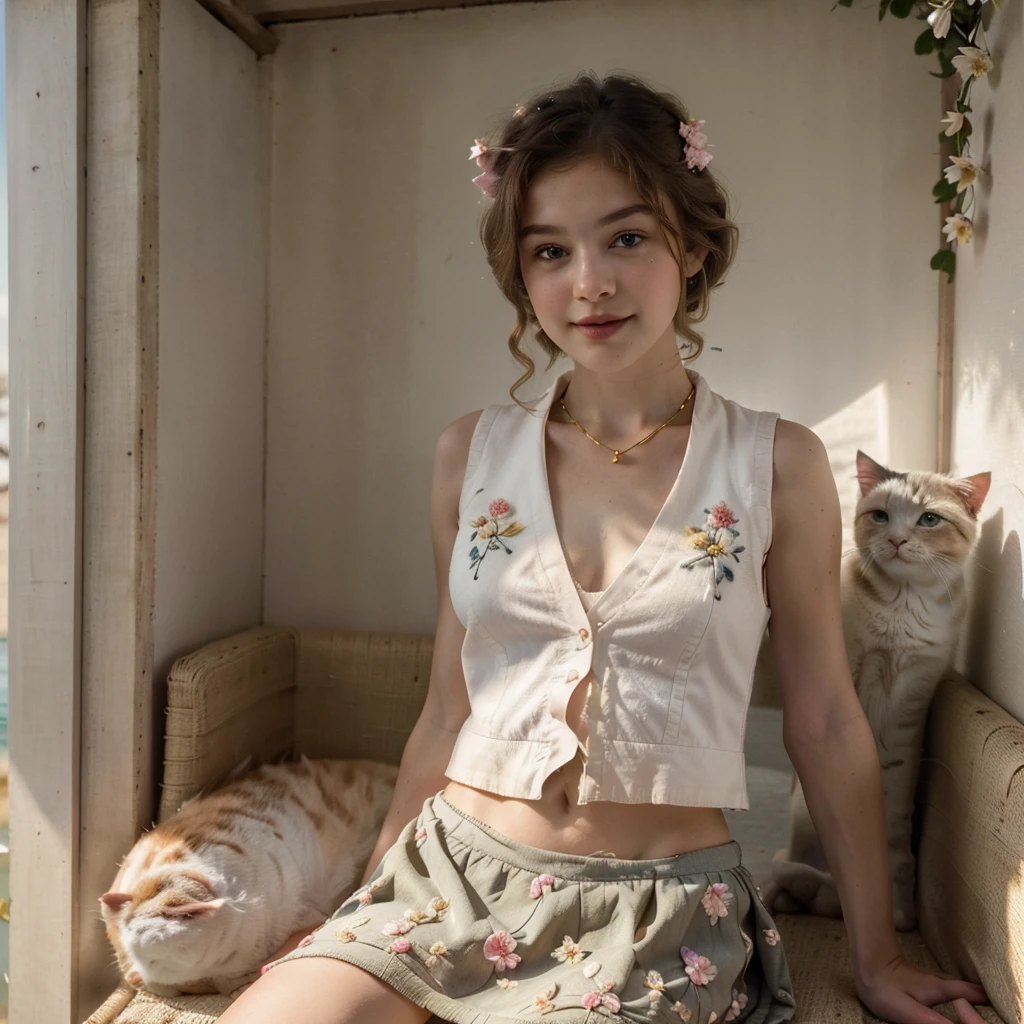 Masterpiece, Best quality, high resolution, realistic , hyperrealism , lifelike photography  , alluring full body shot, (curly blondish brunette long hair, dark blue beautiful eyes), white skin ,((( beautiful short cut naughty vest with flower embroidery mini skirt ))), beautiful golden  necklaces & bracelets, beautiful landscape background of a rose & lilac garden, high budget , beautiful mesmerizing face and small beautiful esthetic nose, extremely long and curly sparkling hair , holding a beautiful orange stray cat , cats sitting around her, clivage , sunset , pink clouds , yellowish red rays at the horizon , beautiful legs, fit body, gorgeous Norwegian model is standing and naughty posing at the lagoon shores, back shot, side shot , front shot, blue lagoon , full body shot at the frame , naughty smile , deep cut chest style dress,(( very short skirt)) ,windy summer breeze , reasonable naked body parts, reasonable nudity ,((((cute cats sitting around her)))), naughty girl , very cute smile, bra and underwear is seen ,(( lingerie )) ,[ 28 years old blonde attractive European model ], very very long waving hair , spreaded legs, 