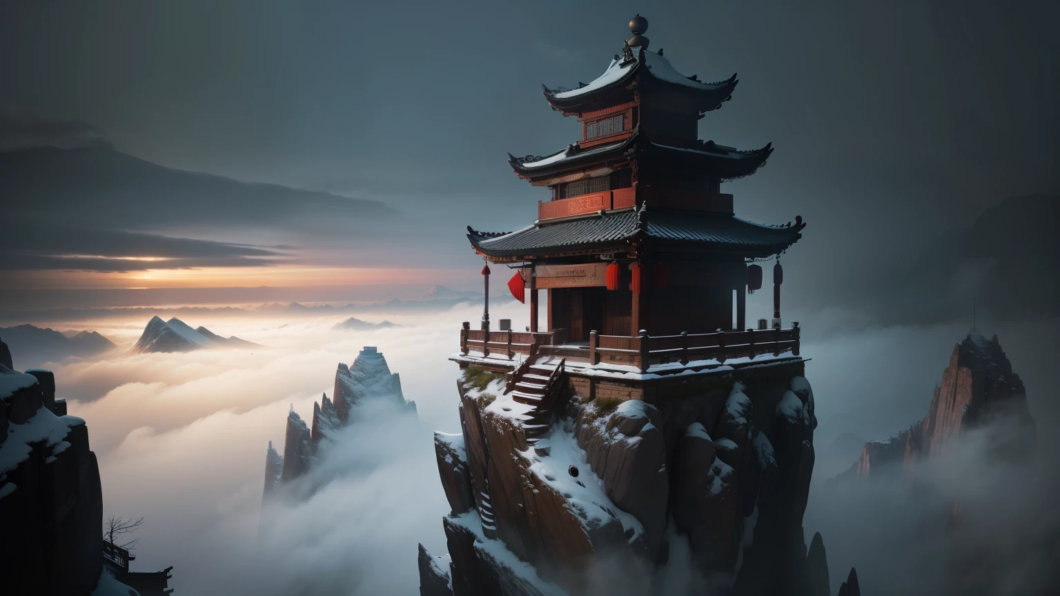 masterpiece，best quality，Chinesischer Kampfkunststil，Chinesische Architektur，High Hills，verschneiter Tag，（（ (Chinesischer Kampfkunststil))), Der Himmel ist riesig, Sogar die Bergklippen, Tintenwaschstil, Konturlicht, atmospheric atmosphere, depth of field, Der Nebel steigt,Kiefern, achteckiger Steinpavillon, rote Fahne oben