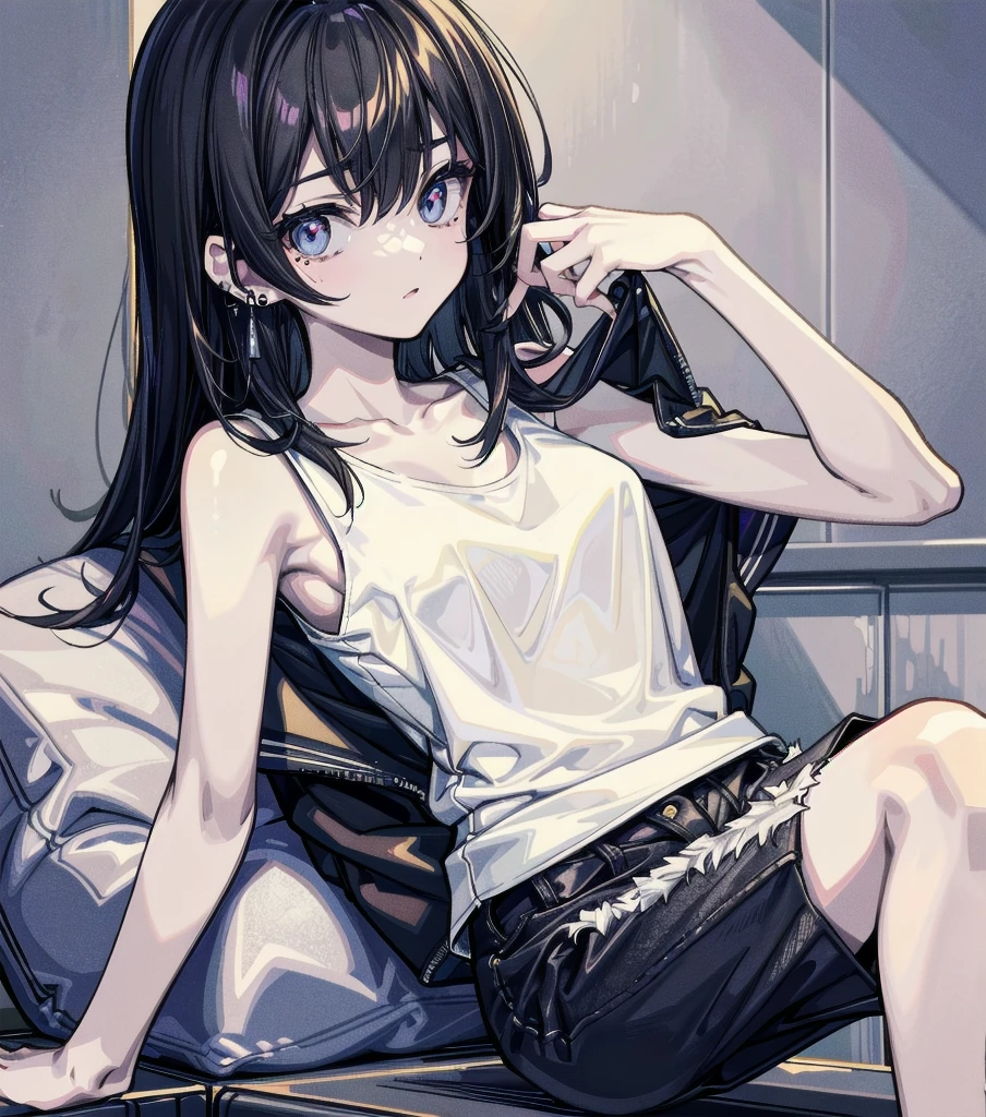 (full body), RAW photo, extremely delicate and beautiful, masterpiece, Best Quality, ultra high resolution, 16k, hyperrealistic, realistic, photorealistic, photo-realistic, ultra-detailed, detailed description, pale skin,  in her 20s, very Slim body, narrow waist, very small head, very small face, delicate facial features, ((big tits)), medium hair, black hair, tearful mole, earring, t-shirt, tank top, Hot Pants,