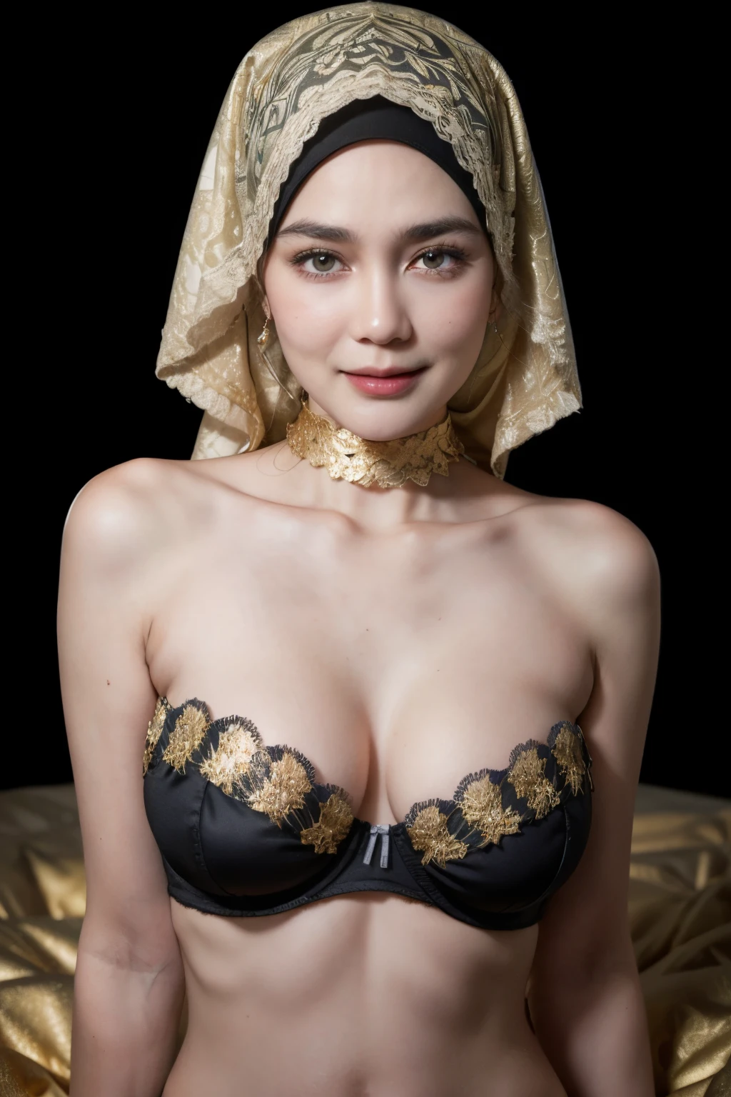 ((Lace)), (Happy smile), (((HIJAB MALAY GIRL))), masutepiece, High quality, UHD 32K, Realistic face, Realistic skin feeling , A Japanese Lady, 58 years old lady, , Very cute and baby-like face, (((FLAT CHEST))), (Night time at forest), ((look In front  at the camera and SADNESS)), (((GOLD FLUORESCENT))), (((CUTE GIRL))), ((GOLD FLUORESCENT LIPS)), ((Floral Pattern)) little wearing strapless bra, strapless colorful bra, dark night background , black forest night, horror scary place, (huge saggy breast), ((HEAVY HUGE BREASTS)), (from behind up) seductive pose