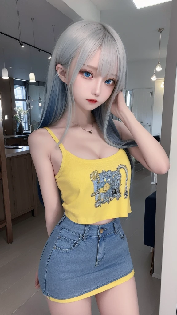 masterpiece, best quality, highly detailed,1girl,indoors, adult, split-color hair, yellow and Blue hair, Narrow, sharp eyes、, clothes, blue eyes、From head to toe、mini skirt、