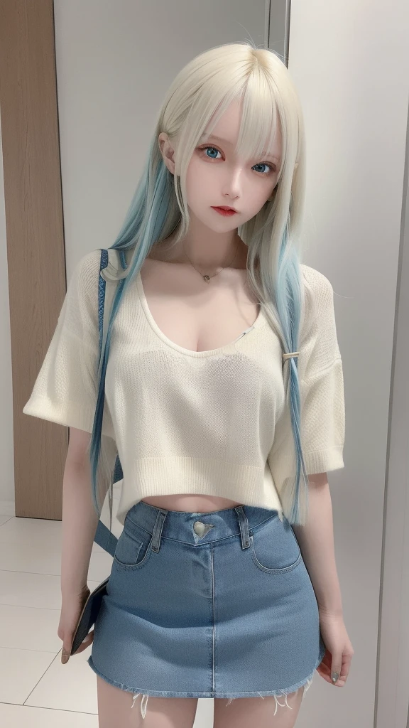 masterpiece, best quality, highly detailed,1girl,indoors, adult, split-color hair, yellow and Blue hair, Narrow, sharp eyes、, clothes, blue eyes、From head to toe、mini skirt、