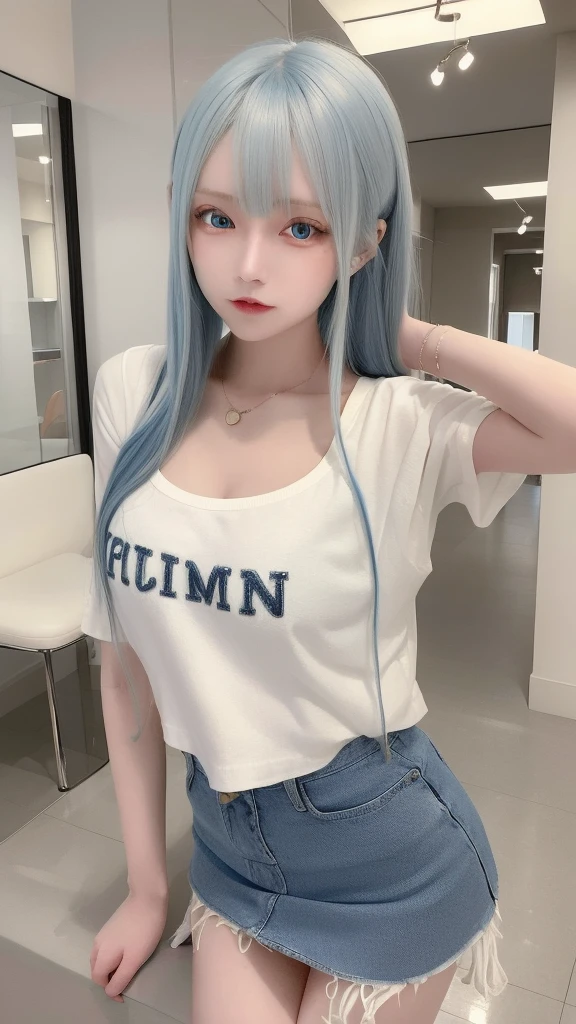 masterpiece, best quality, highly detailed,1girl,indoors, adult, split-color hair, yellow and Blue hair, Narrow, sharp eyes、, clothes, blue eyes、From head to toe、mini skirt、