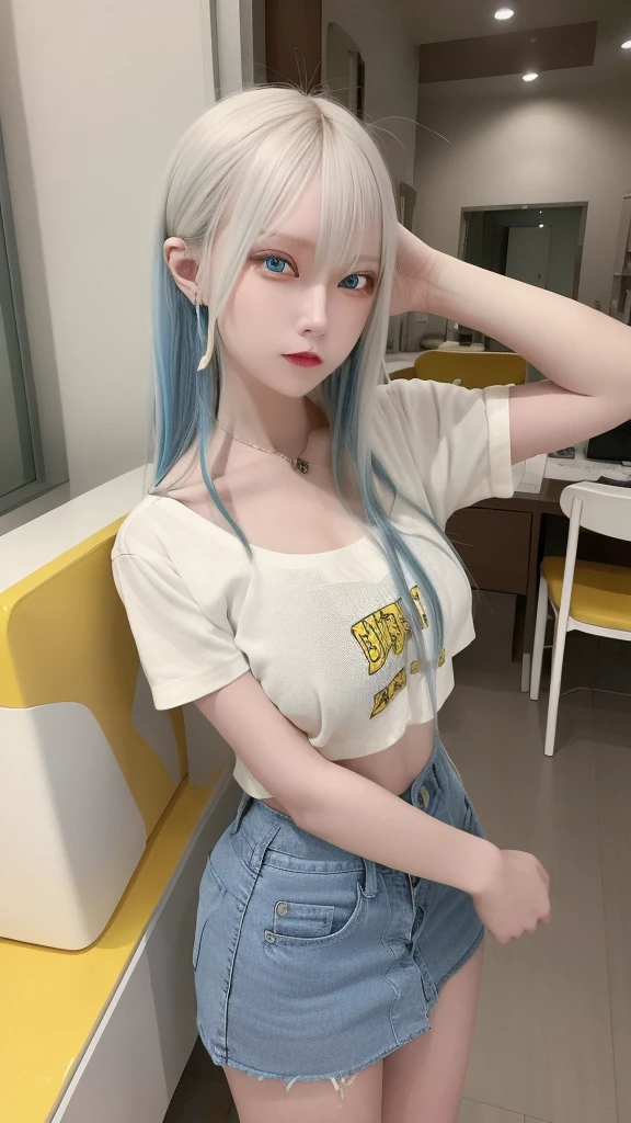 masterpiece, best quality, highly detailed,1girl,indoors, adult, split-color hair, yellow　and　Blue hair, Narrow, sharp eyes、, clothes, blue eyes、From head to toe、mini skirt、