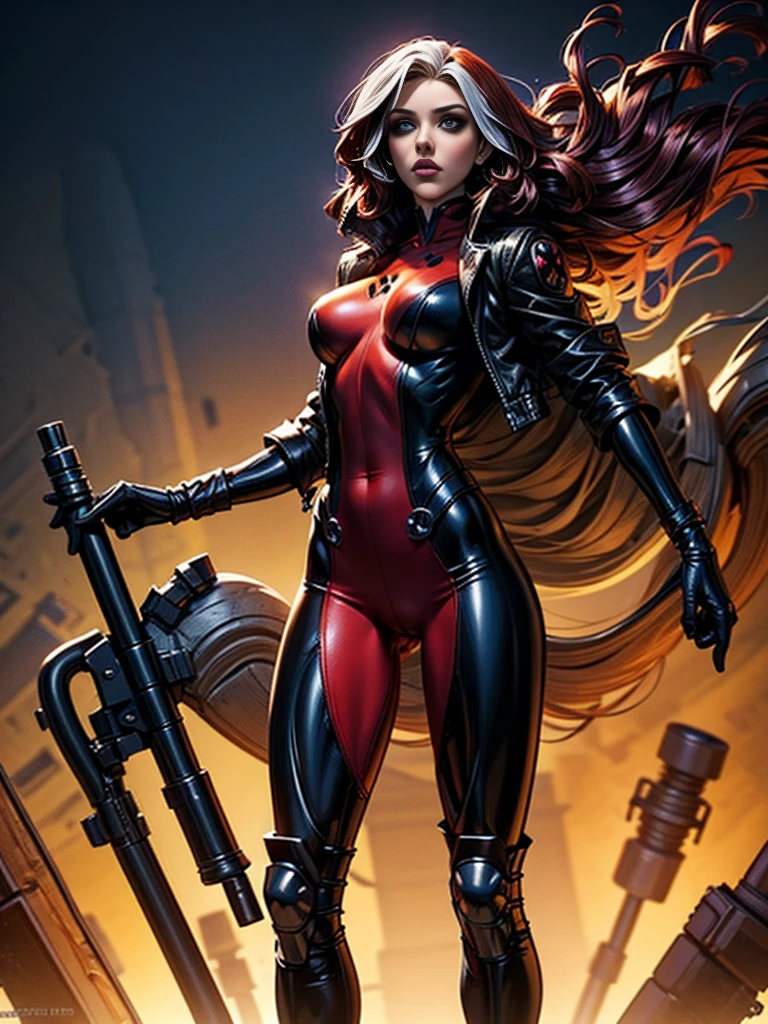 Scarlett Johansson、masterpiece、High quality 4K、villain (X-Men)、Gothic Girl、Sculpted Body Gothic Makeup、Black jacket、Red and blue bodysuit、masterpiece、Highest quality、Cowboy Shots、One personの女の子、One person、Technology Military Bodysuit、fringe