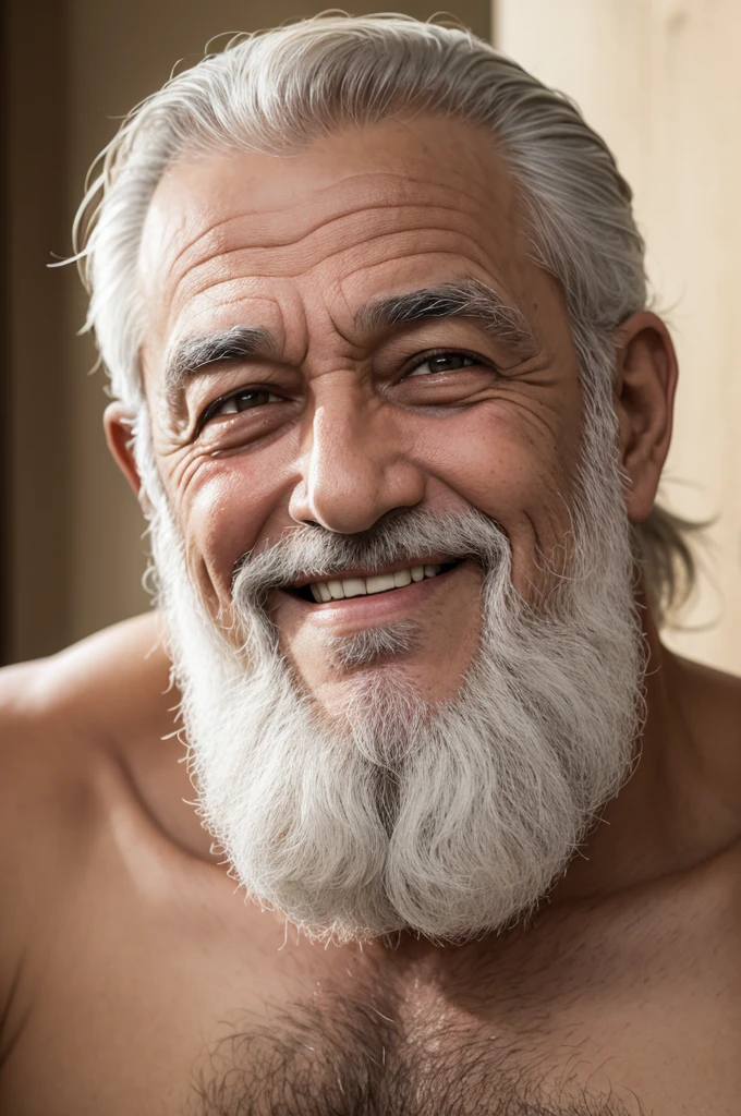 Um padeiro velho, rosto arredondado, sorrindo, sem barba