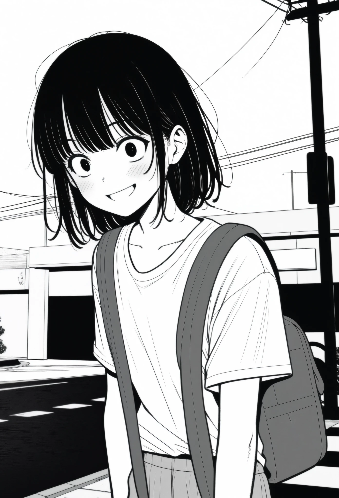 masterpiece, best quality, 1girl, mamerakkkkko, grayscale, manga style, japanese, chi no wadachi, black eyes, street, iced, black hair, schoolbag, smile, lineart, white background, white shirt, grey shorts, centered, 18 years old, tall
