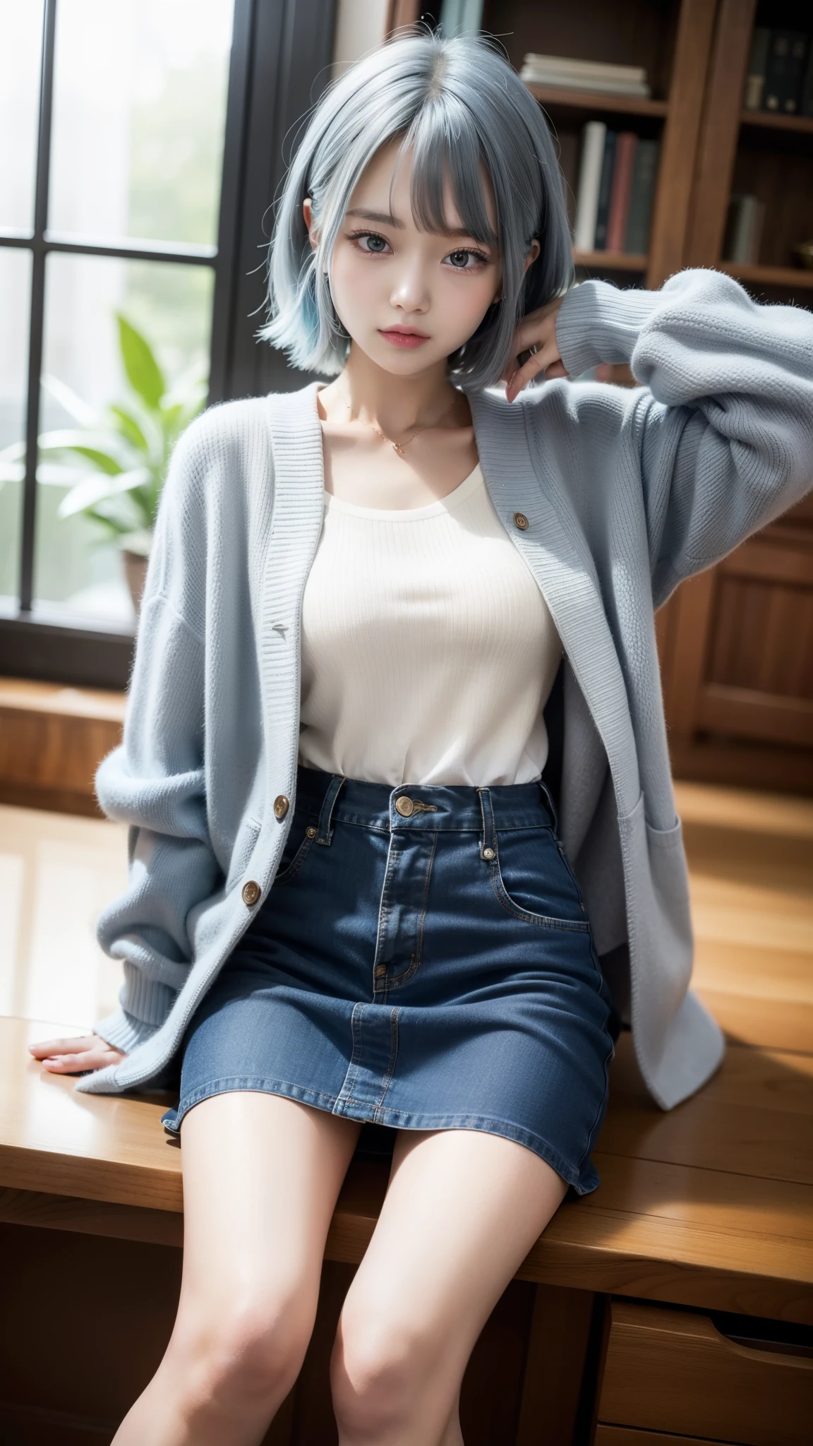masterpiece, best quality, highly detailed,1girl,indoors, adult, split-color hair, yellow and Blue hair, Narrow, sharp eyes、, clothes, blue eyes、From head to toe、mini skirt、