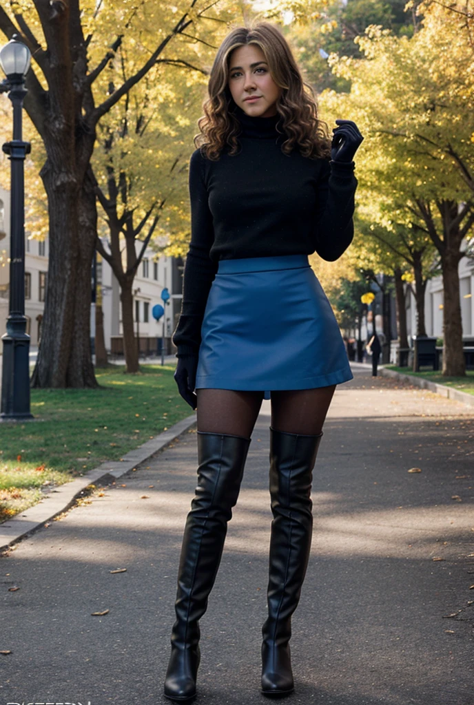 20yr old jennifer aniston, very puffy curly hair, tiny miniskirt, upskit , nylon long black elbow gloves, SUPER REALISTIC FULL DETAILED LONG BLUE PANTYHOSE, long boots, sun light park